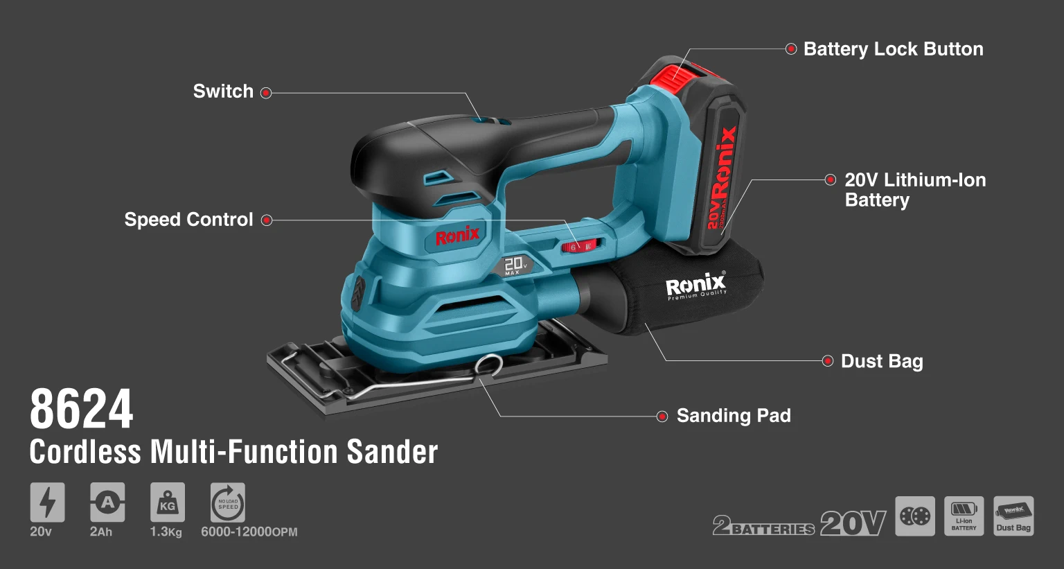 ویژگی های سنباده لرزان شارژی 20 ولت سهکاره رونیکس مدل 8624